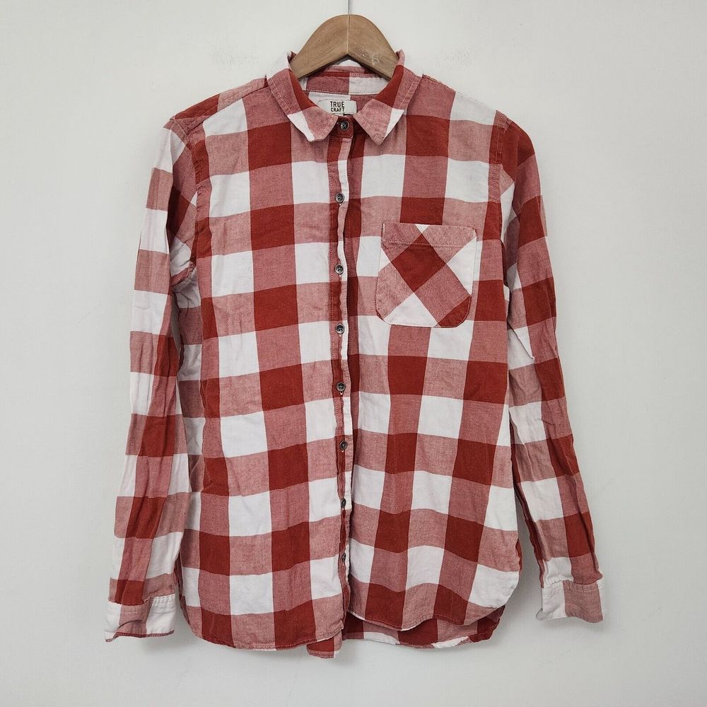 TRUE CRAFT Women's Orange Plaid Long Sleeve Button Up Shirt Size L